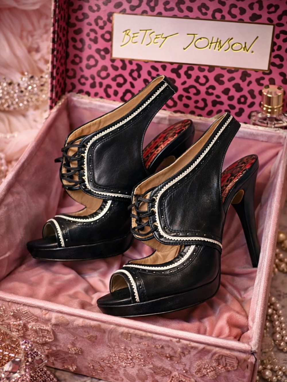 Black Slingback Lace-Up Peep Toe Heels